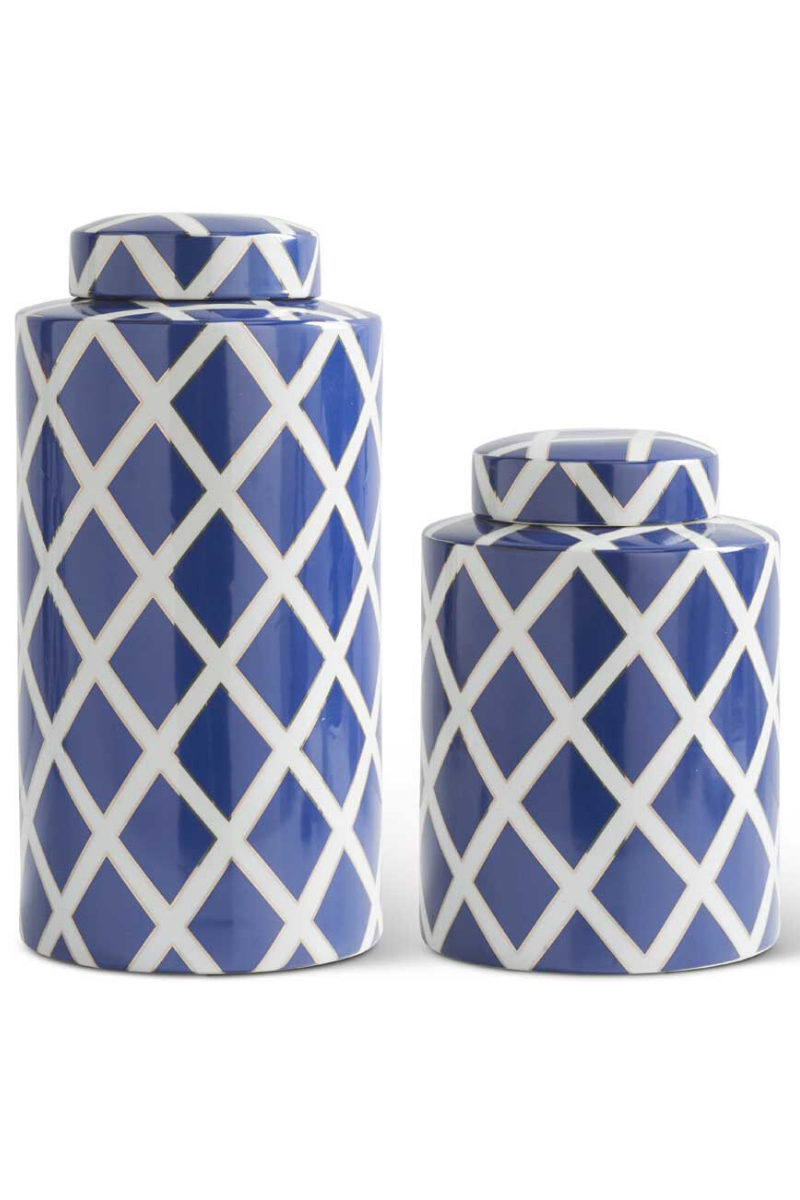 Lattice Lidded Ginger Jar 11" Royal Blue & White