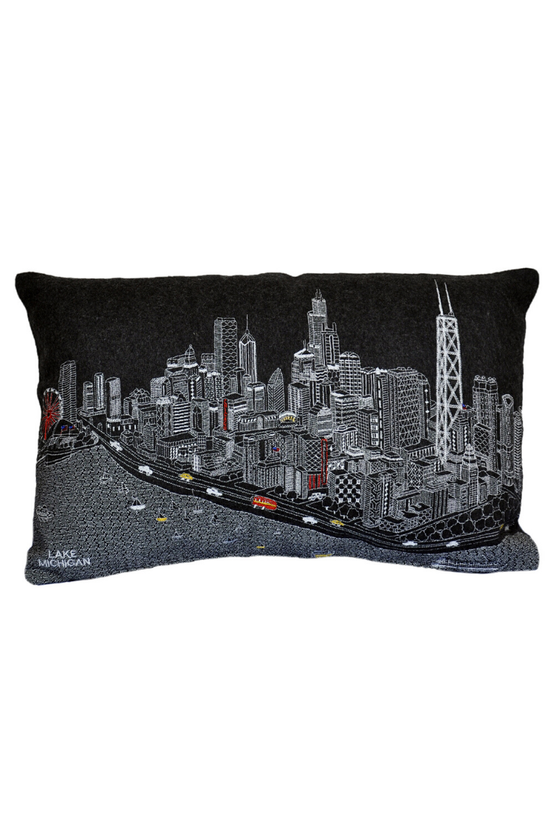 Chicago Skyline Embroidered Wool Night Prince Pillow 24x14