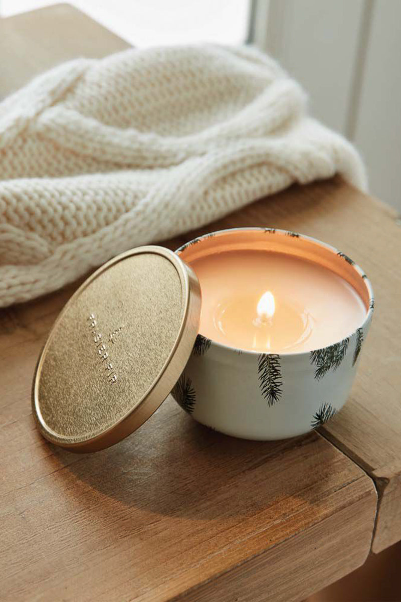 Thymes Frasier Fir Pine Needle Poured Candle Tin Gold Lid