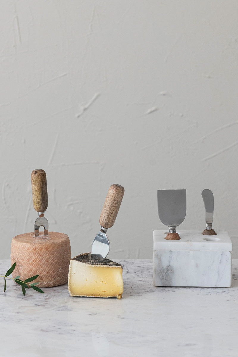 Creative Co-Op Stainless Steel Cheese Servers with Mango Wood Handles & Marble Stand White & Natural Set of 5