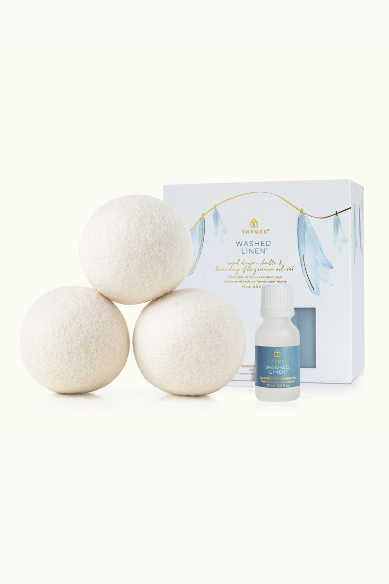 Thymes Washed Linen Wool Dryer Balls & Laundry Fragrance Oil Set