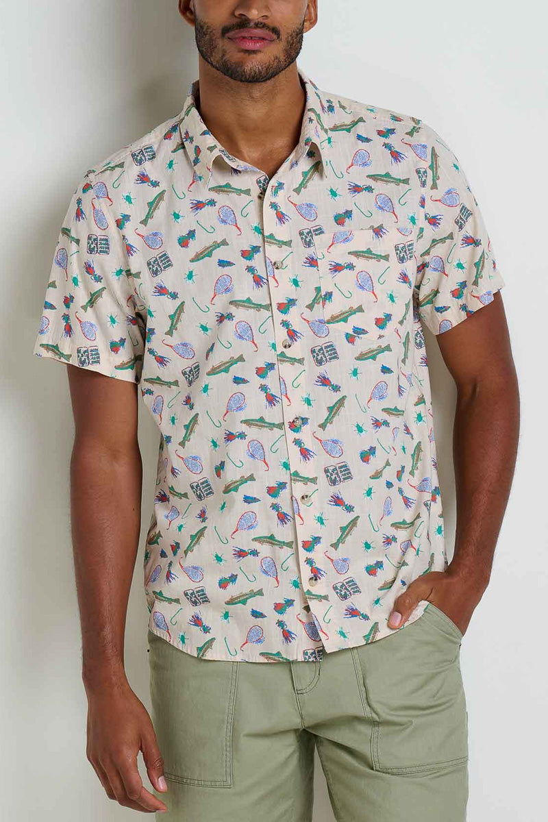 Toad & Co Men's Fletch Short Sleeve Shirt Gone Fishing Print Small Salt