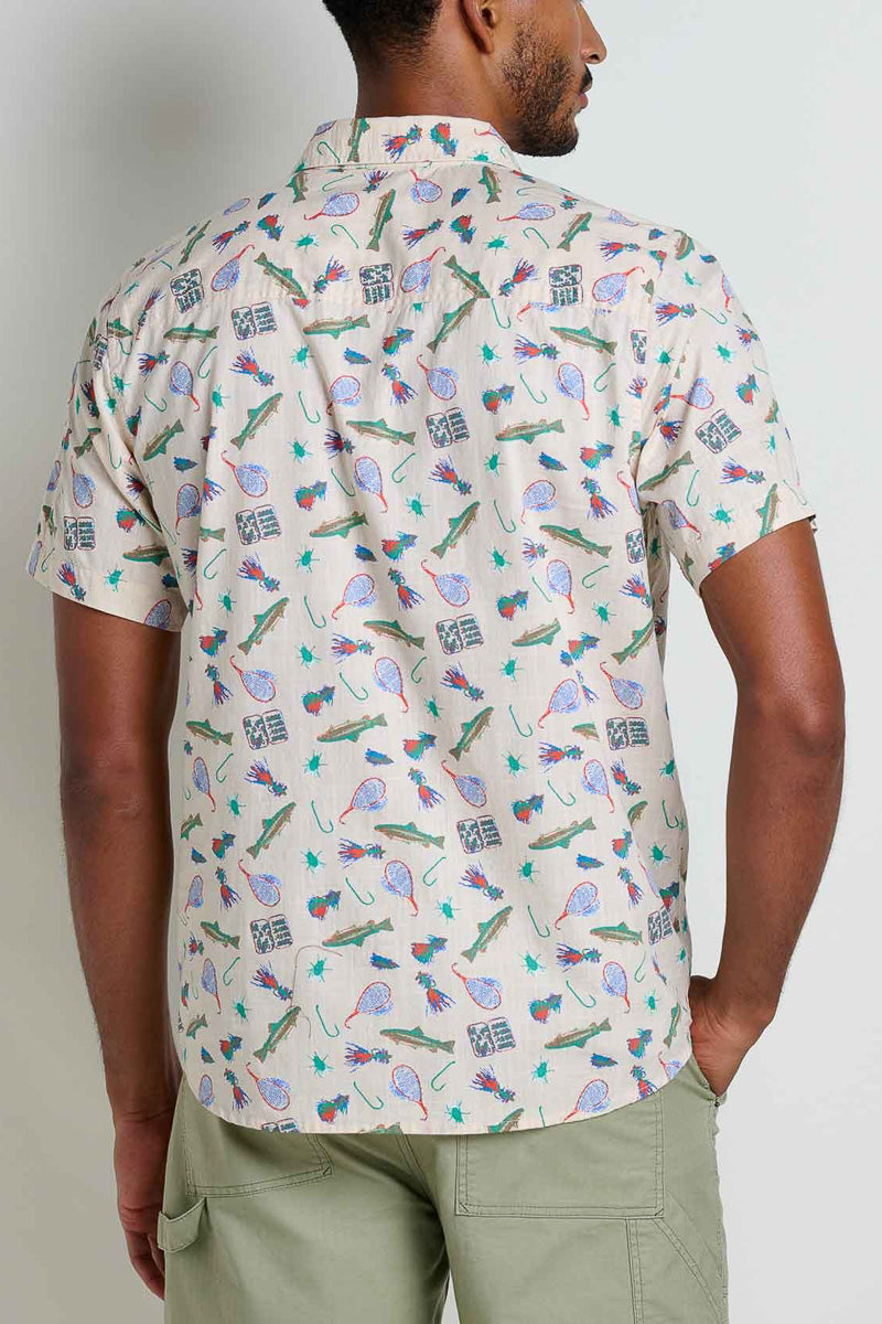 Toad & Co Men's Fletch Short Sleeve Shirt Gone Fishing Print Small Salt