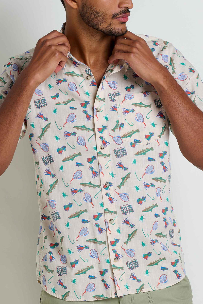 Toad & Co Men's Fletch Short Sleeve Shirt Gone Fishing Print Small Salt
