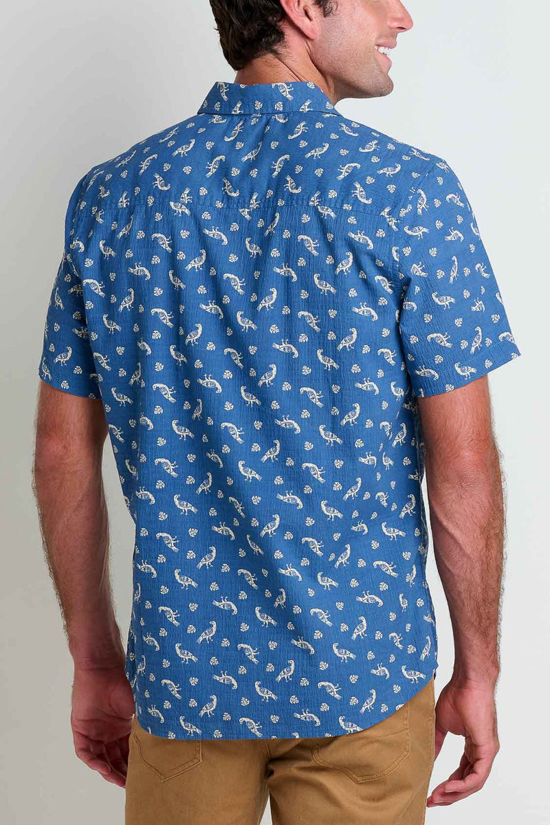 Toad & Co Men's Fletcher Short Sleeve Shirt Bird Print Extra large Pacific Blue
