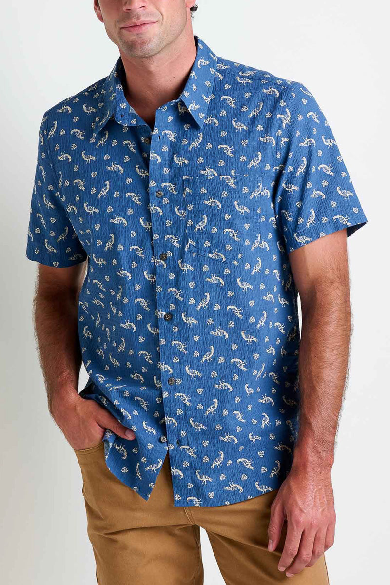 Toad & Co Men's Fletcher Short Sleeve Shirt Bird Print Extra large Pacific Blue