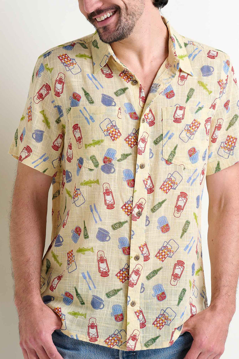 Toad & Co Men's Salton Short Sleeve Shirt Camping Print Extra Large Barley