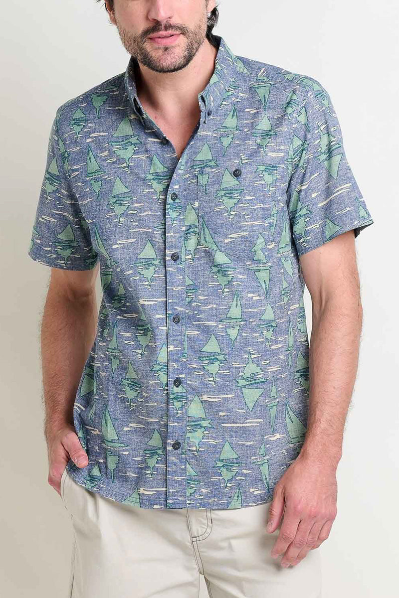 Toad & Co Men's Mattock Short Sleeve Shirt Boat Print Medium Blue Shadow