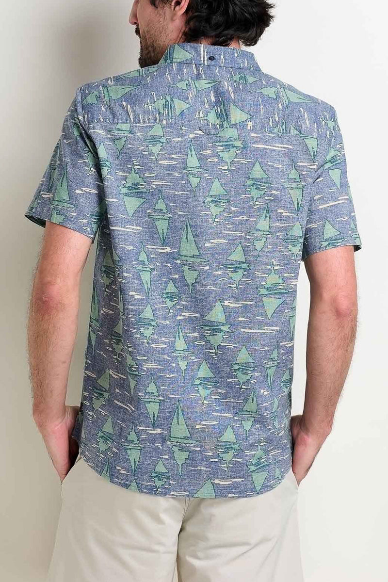 Toad & Co Men's Mattock Short Sleeve Shirt Boat Print Medium Blue Shadow