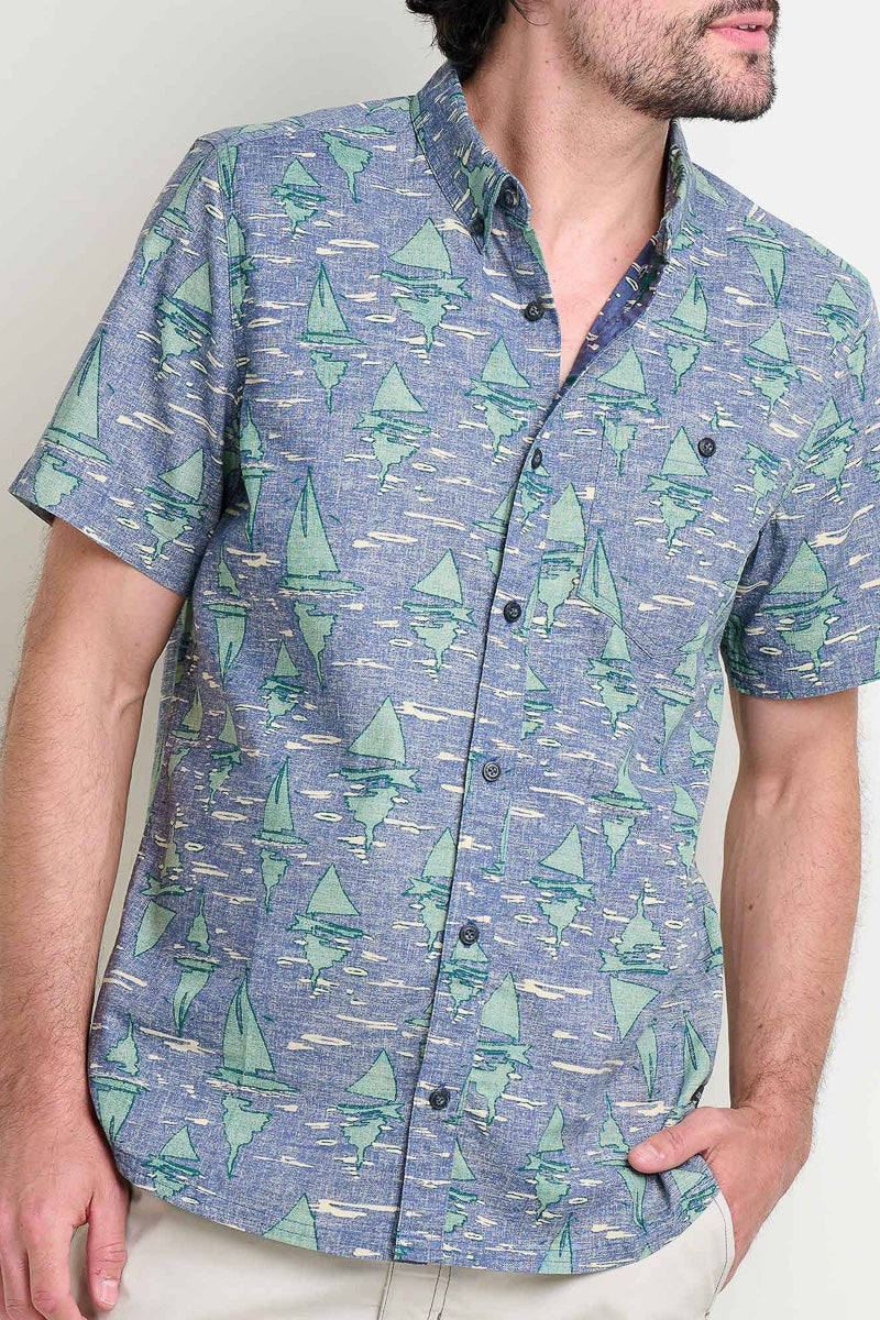 Toad & Co Men's Mattock Short Sleeve Shirt Boat Print Medium Blue Shadow