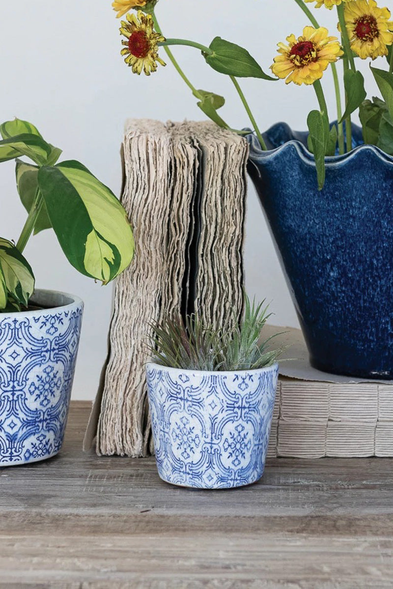 Creative Co-Op Tile Pattern Planter 4" Blue & White