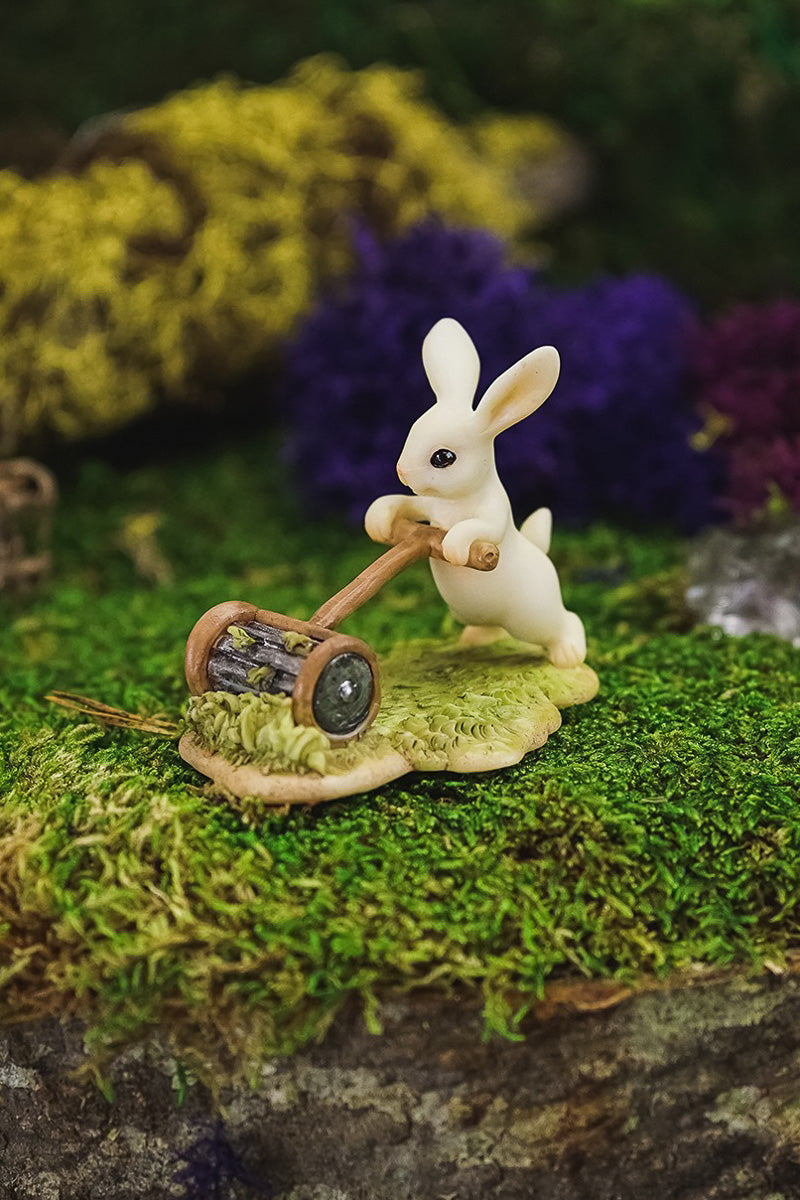 Fairy Garden Bunny Gardener Mowing The Lawn