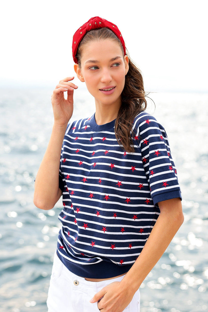 Shiraleah Stripes Lightweight Short Sleeve Sweatshirt Medium Navy