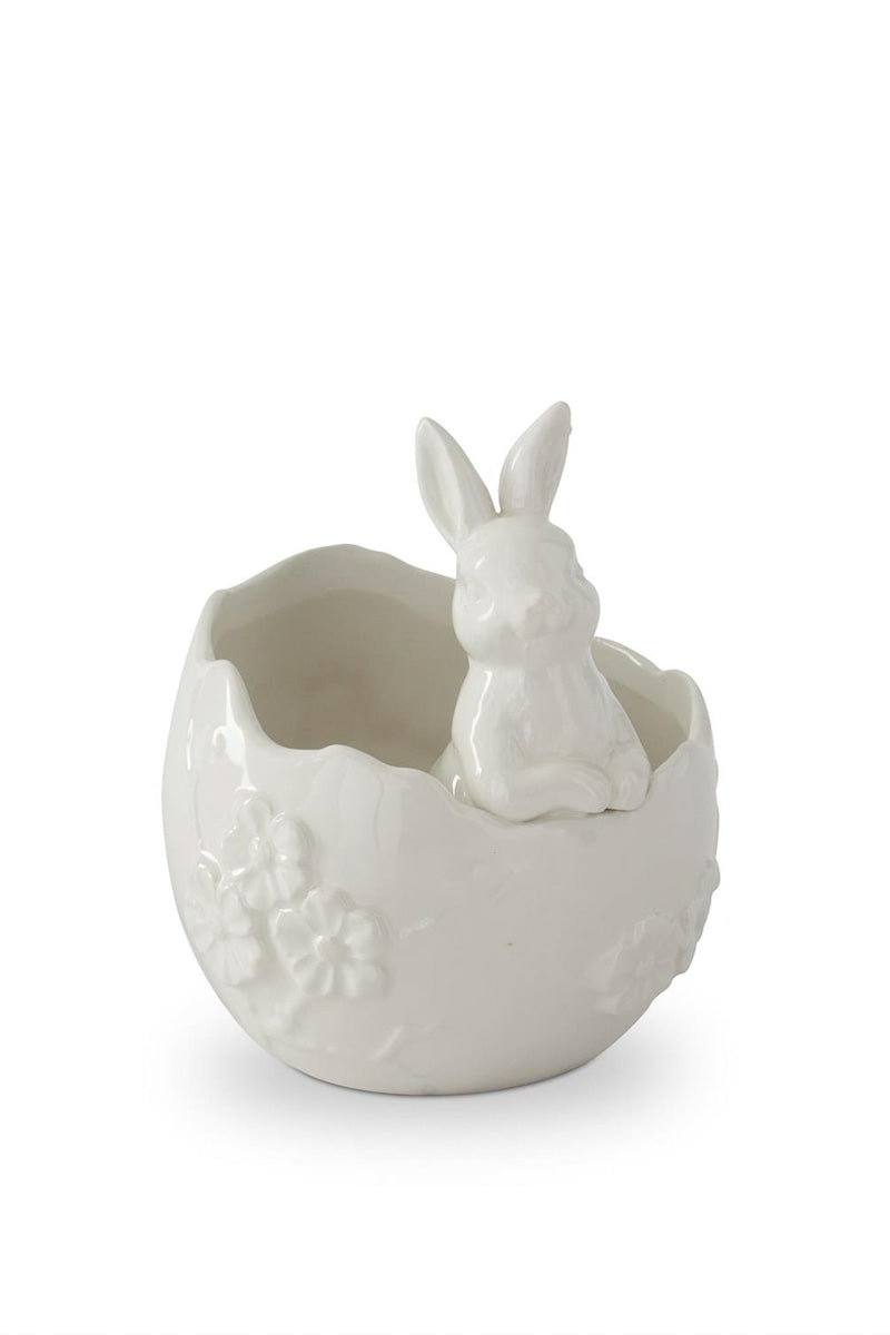 Ceramic Flower Embossed Egg Holder with Easter Bunny 6" White