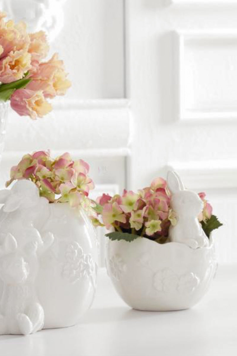 Ceramic Flower Embossed Egg Holder with Easter Bunny 6" White