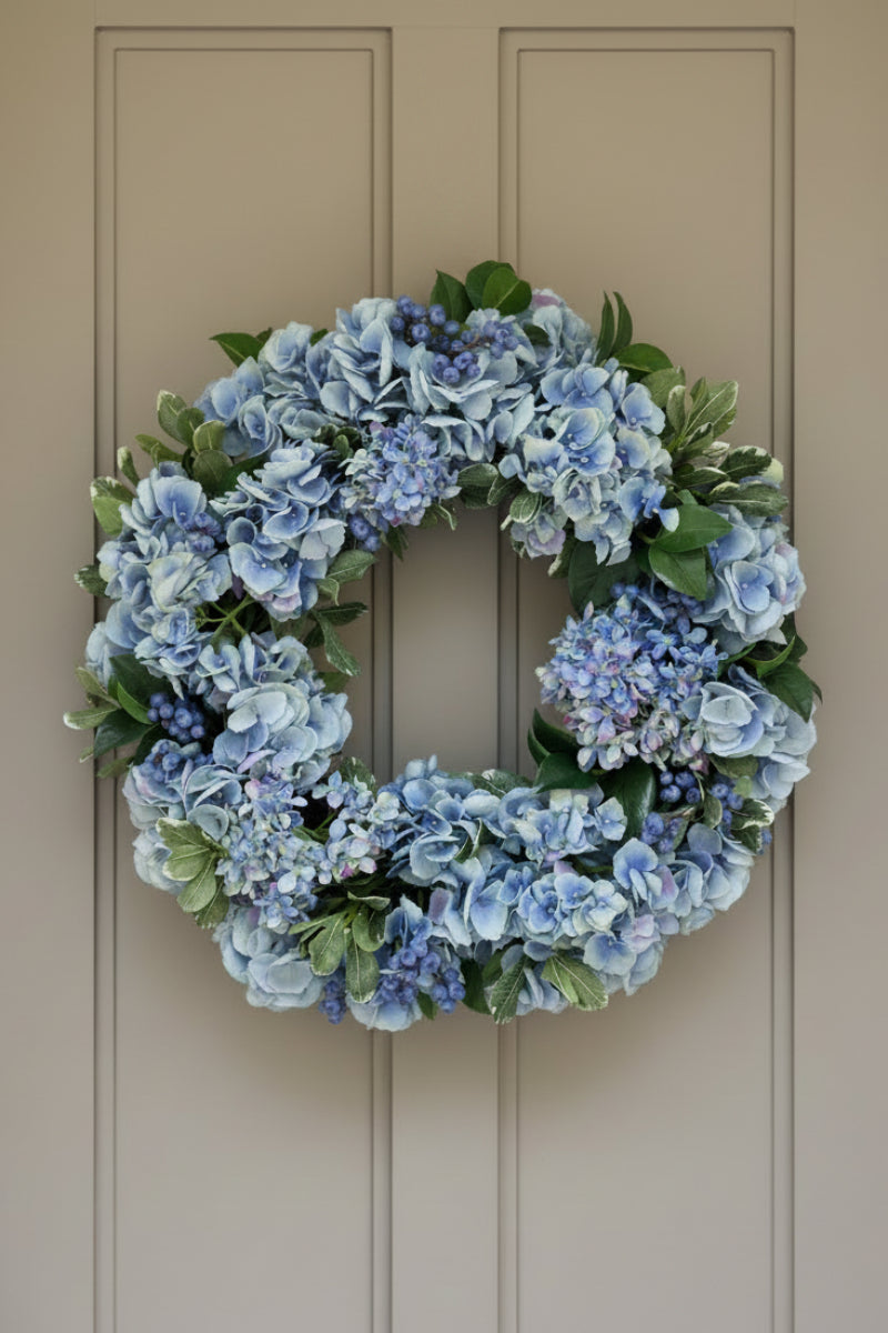 Faux Hydrangea Wreath 24" Blue