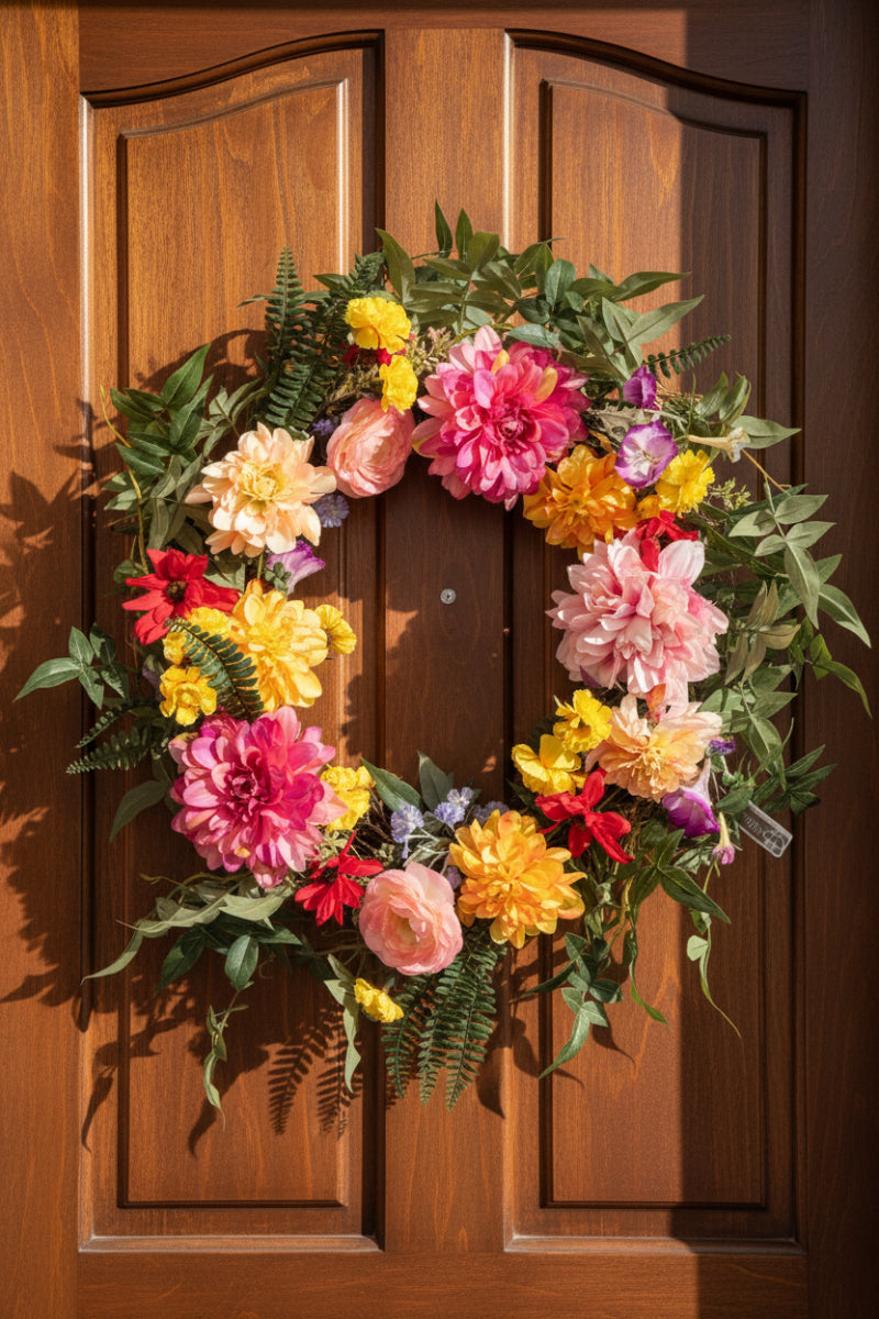 Faux Dahlia, Ranunculus Wreath 17" Mix