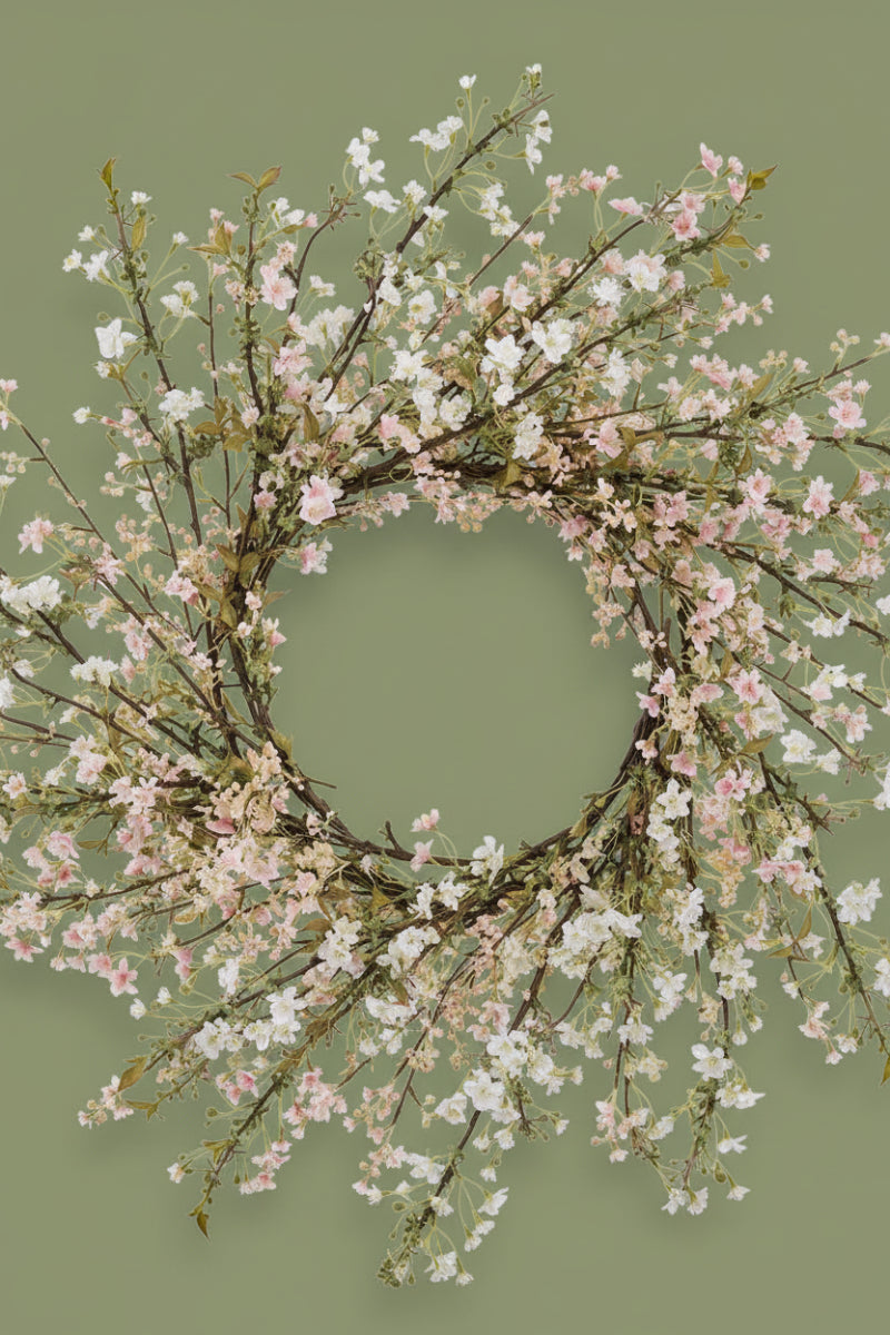 Faux Mini Cherry Blossom Wreath 35" White & Pink