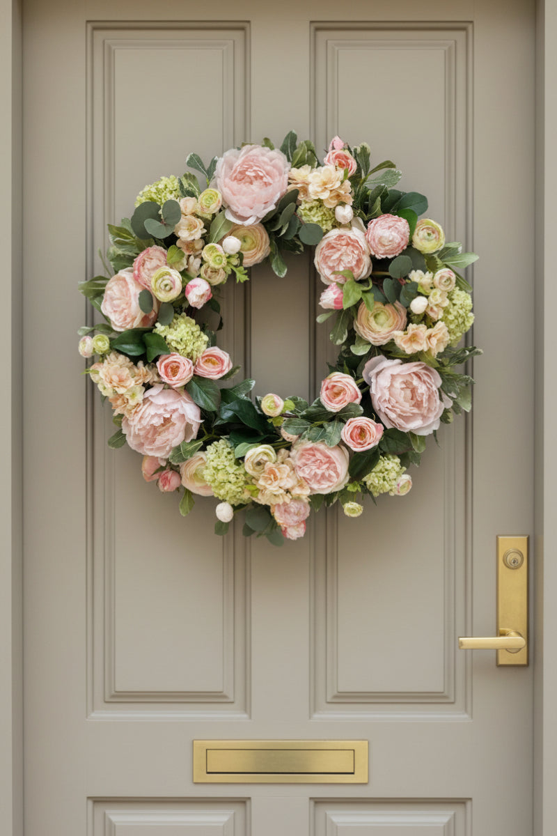 Faux Peony/Rose Wreath 24" Pink Green