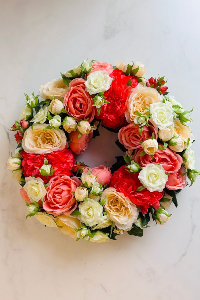Faux Rose & Peony Wreath 17" Peach & Coral